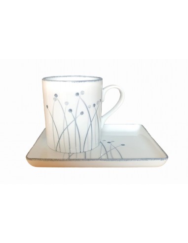 Porcelaine de Limoges, ensemble mug carré anse bambou et plateau blanc  émaillé